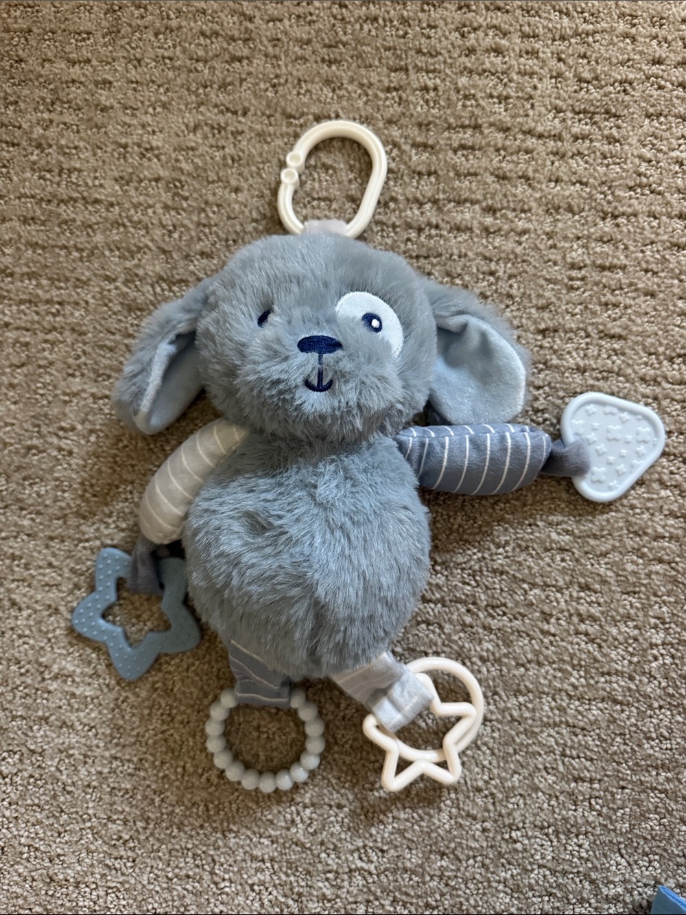 Gray Plush Puppy Activity Toy with Teethers and Clip for Car seat